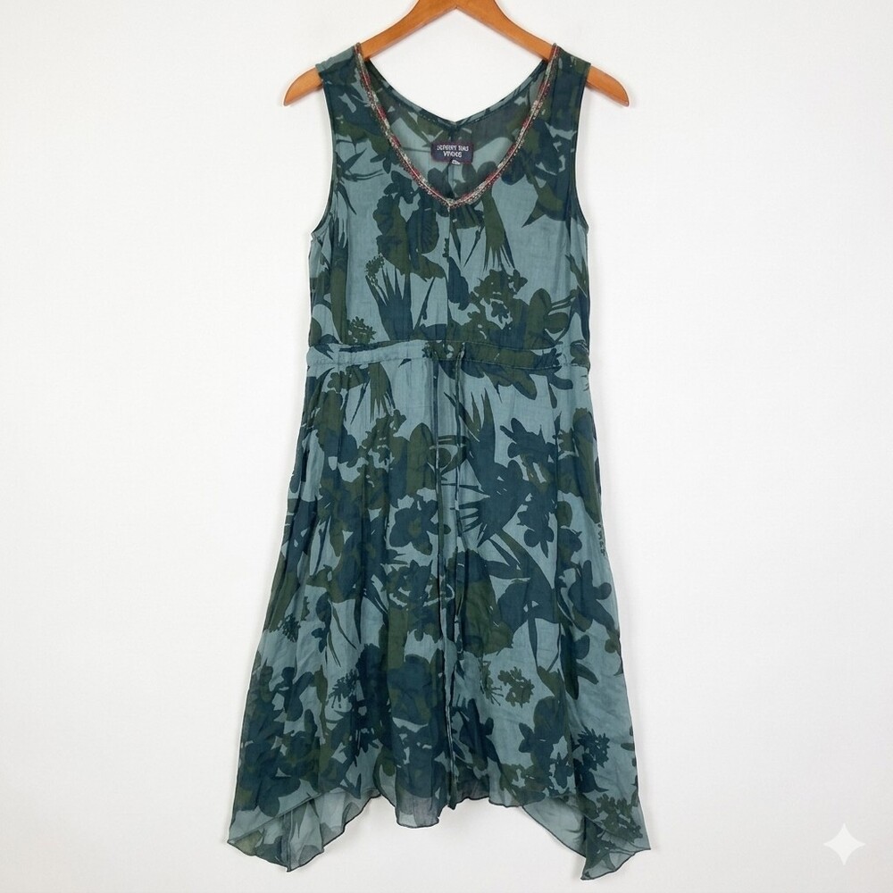 Johnny Was Workshop Blue Floral Sleeveless Embroidered V-Neck Boho Midi Dress XS